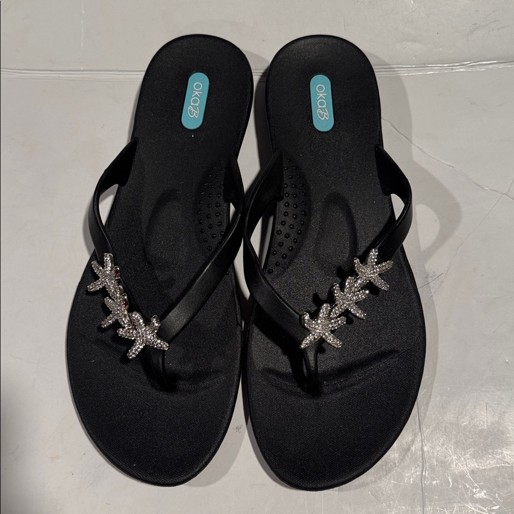 Oka B Black Textured Sole Tong Slippers Size 41
